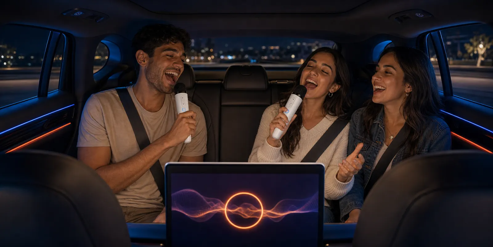 חברים שרים עם מיקרופונים בתוך רכב BYD כשהמוזיקה מתנגנת ברכב