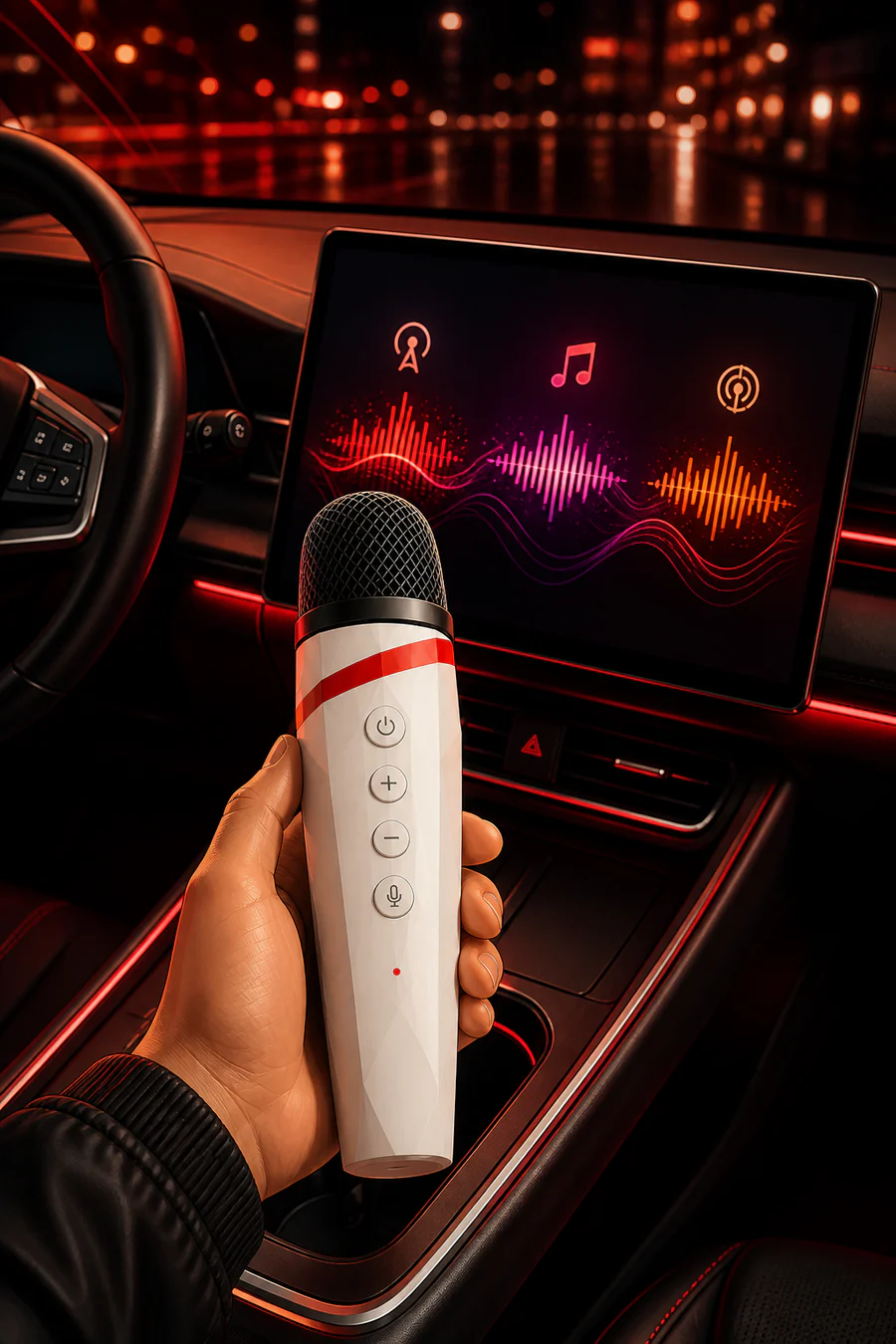 איור של מיקרופון DriveMic פועל יחד עם מקורות שמע שונים ברכב